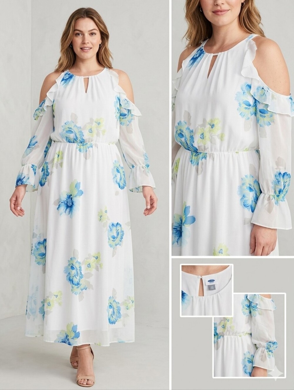 Old Navy White Maxi Dress with Blue and Light Green Floral Print
